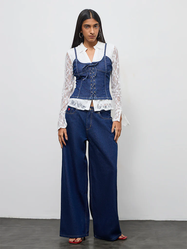 Nuon Dark Blue Corset-Style Denim Top - Image 2