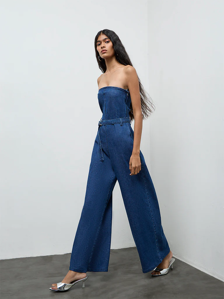 Nuon Dark Blue Denim Jumpsuit with Belt - Image 2