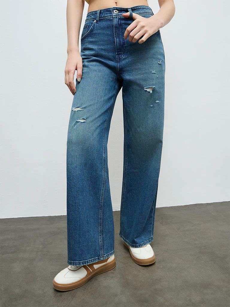 Nuon Dark Blue Distressed High-Rise Jeans - Image 2