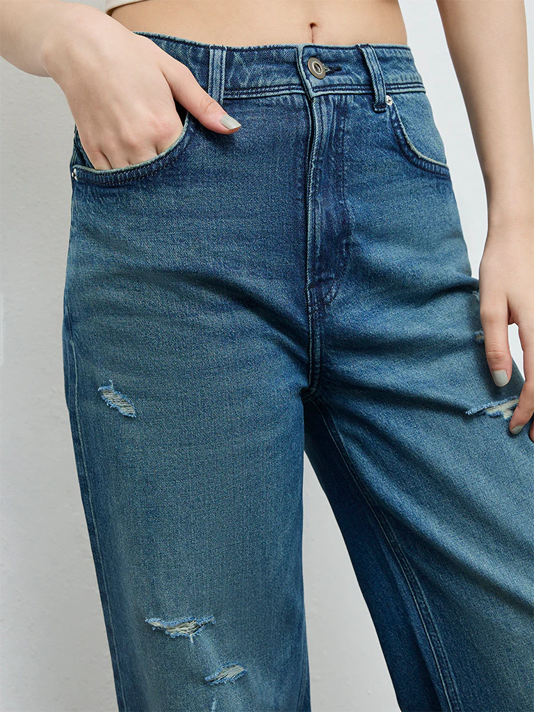 Nuon Dark Blue Distressed High-Rise Jeans - Image 3