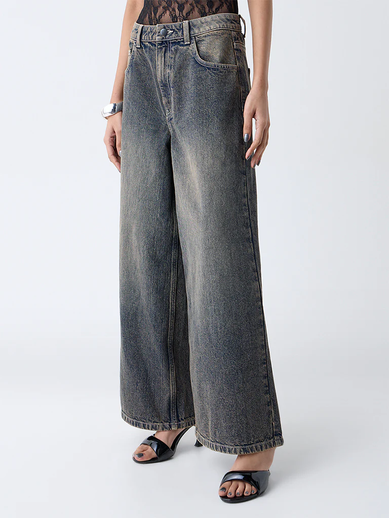 Nuon Dark Blue Faded Wide-Leg High-Rise Jeans - Image 2