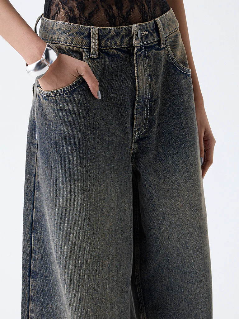 Nuon Dark Blue Faded Wide-Leg High-Rise Jeans - Image 3