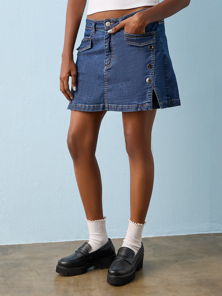Nuon Dark Blue High-Rise Denim Skorts - Image 2