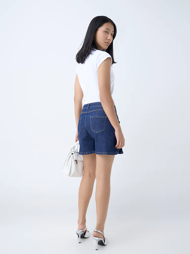 Nuon Dark Blue Mid-Rise Denim Skorts - Image 4