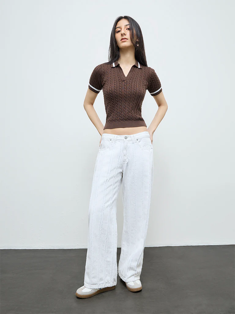 Nuon Dark Brown Cable-Knit Textured T-Shirt