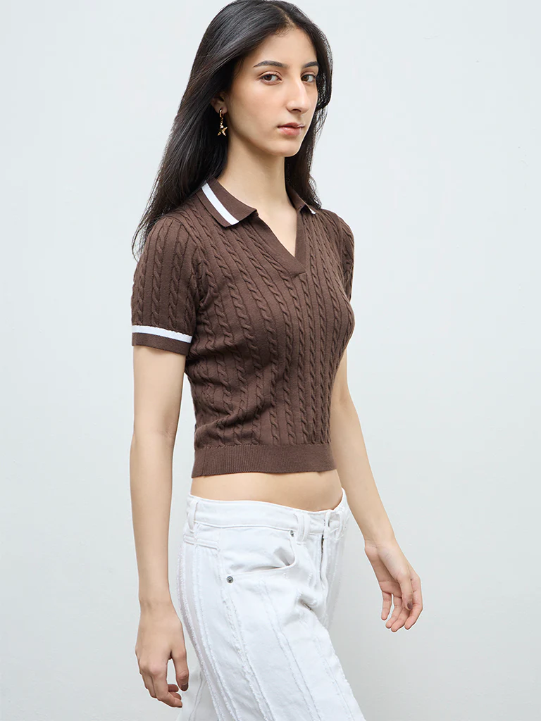 Nuon Dark Brown Cable-Knit Textured T-Shirt - Image 2