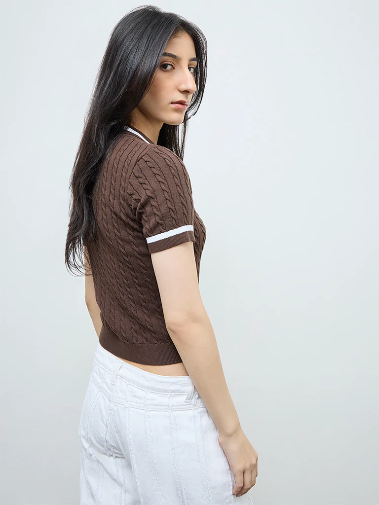 Nuon Dark Brown Cable-Knit Textured T-Shirt - Image 4