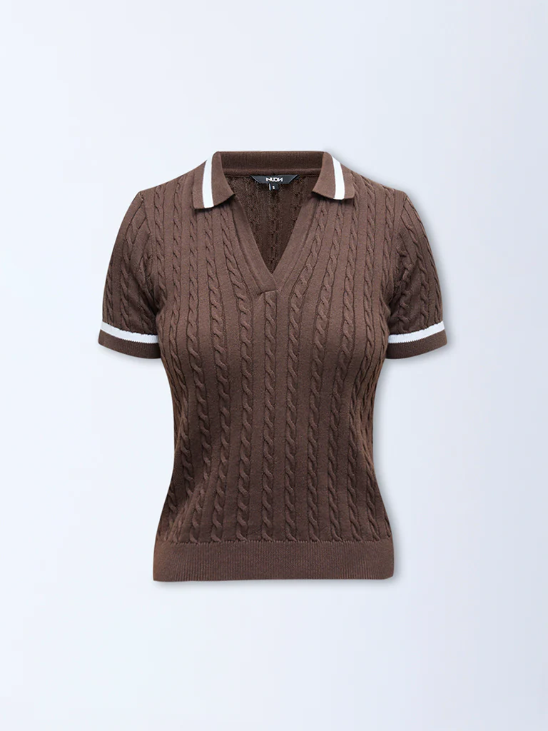 Nuon Dark Brown Cable-Knit Textured T-Shirt - Image 5