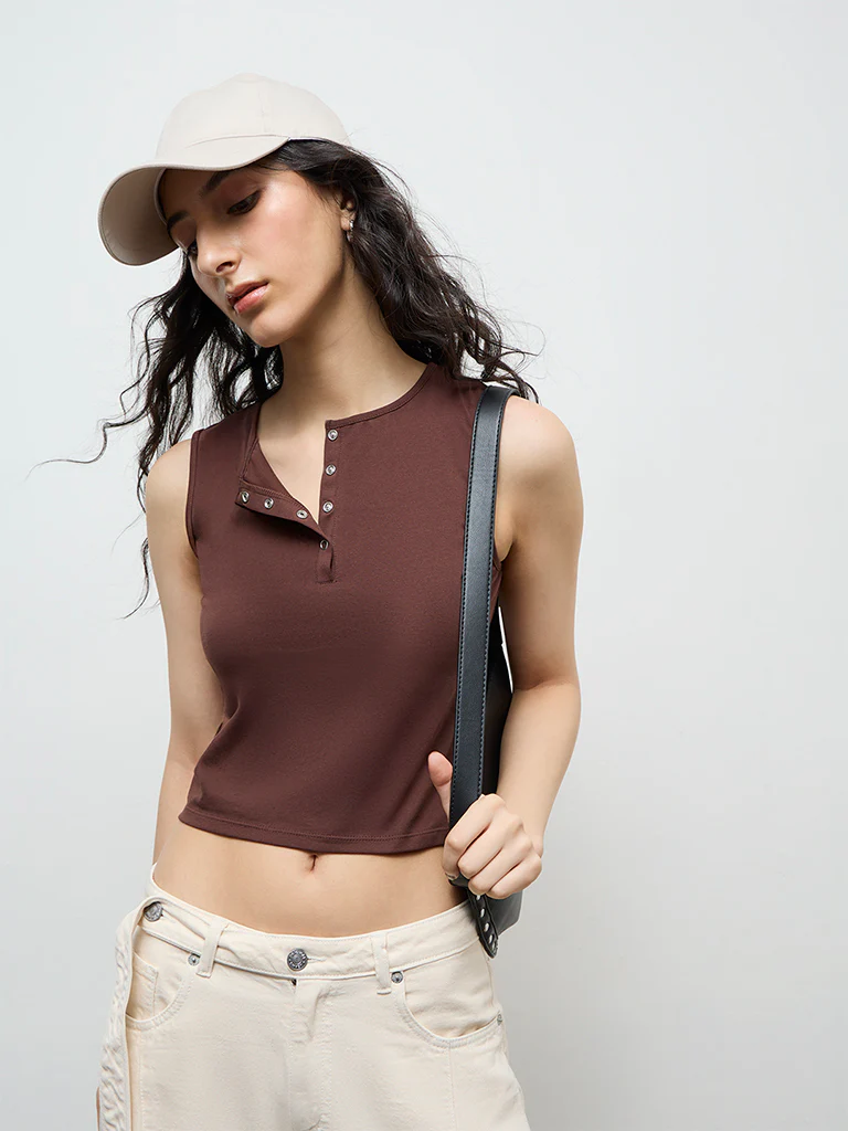 Nuon Dark Brown Cotton-Blend Top