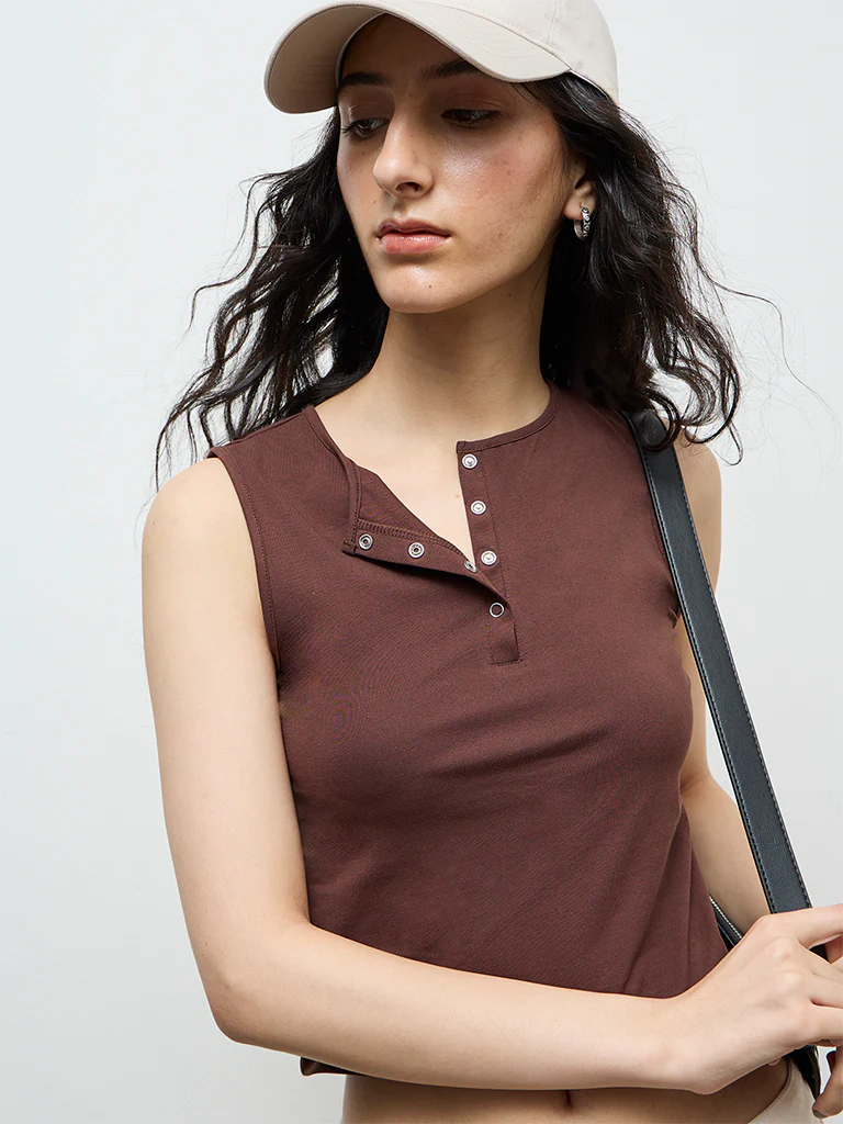 Nuon Dark Brown Cotton-Blend Top - Image 3