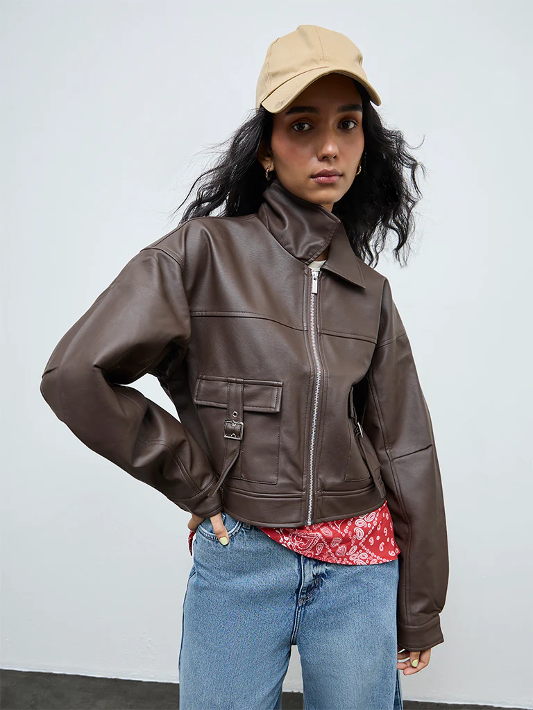 Nuon Dark Brown Faux-Leather Jacket