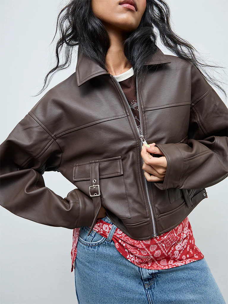 Nuon Dark Brown Faux-Leather Jacket - Image 3