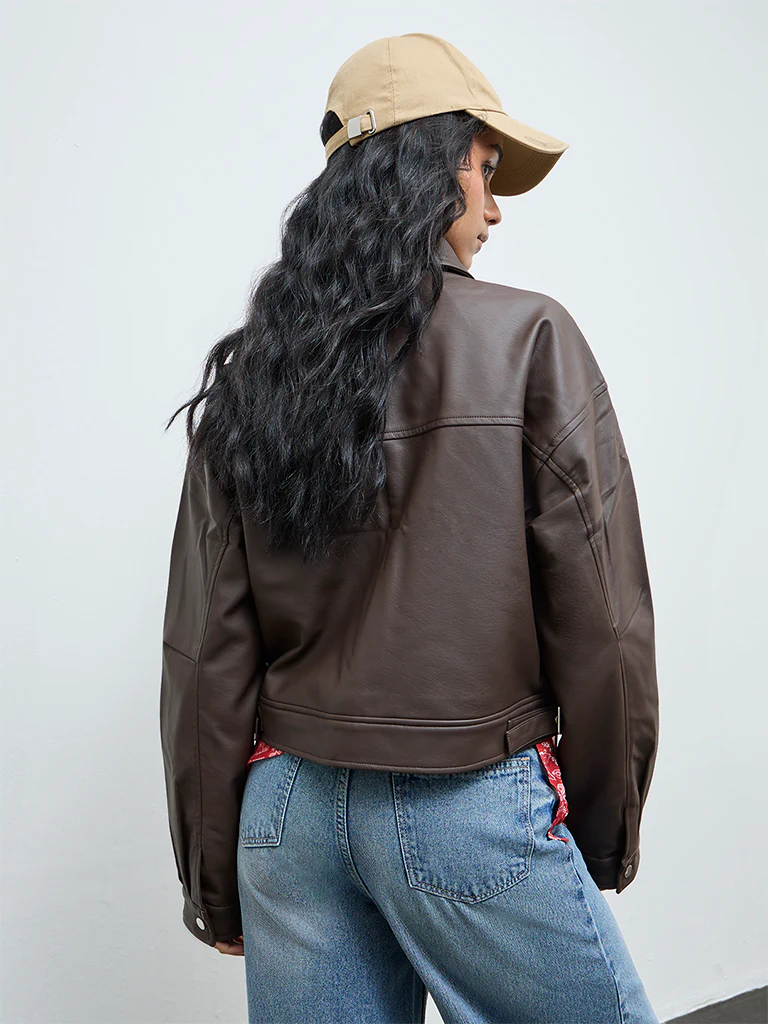 Nuon Dark Brown Faux-Leather Jacket - Image 4