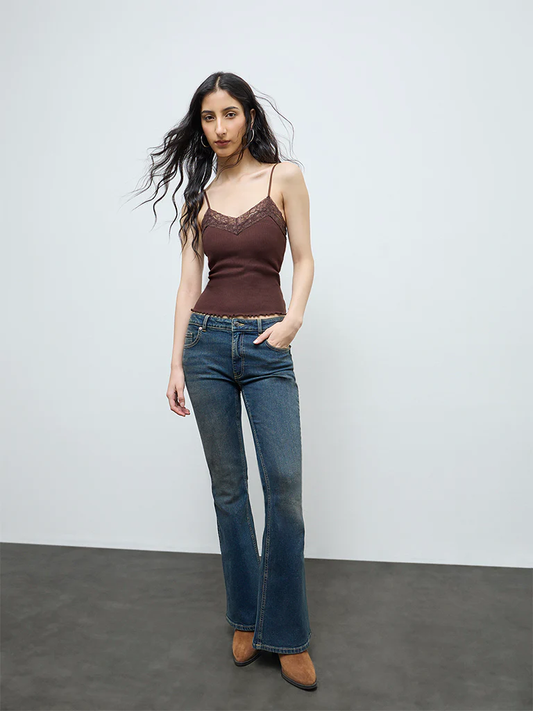 Nuon Dark Brown Lace Cotton-Blend Top - Image 2