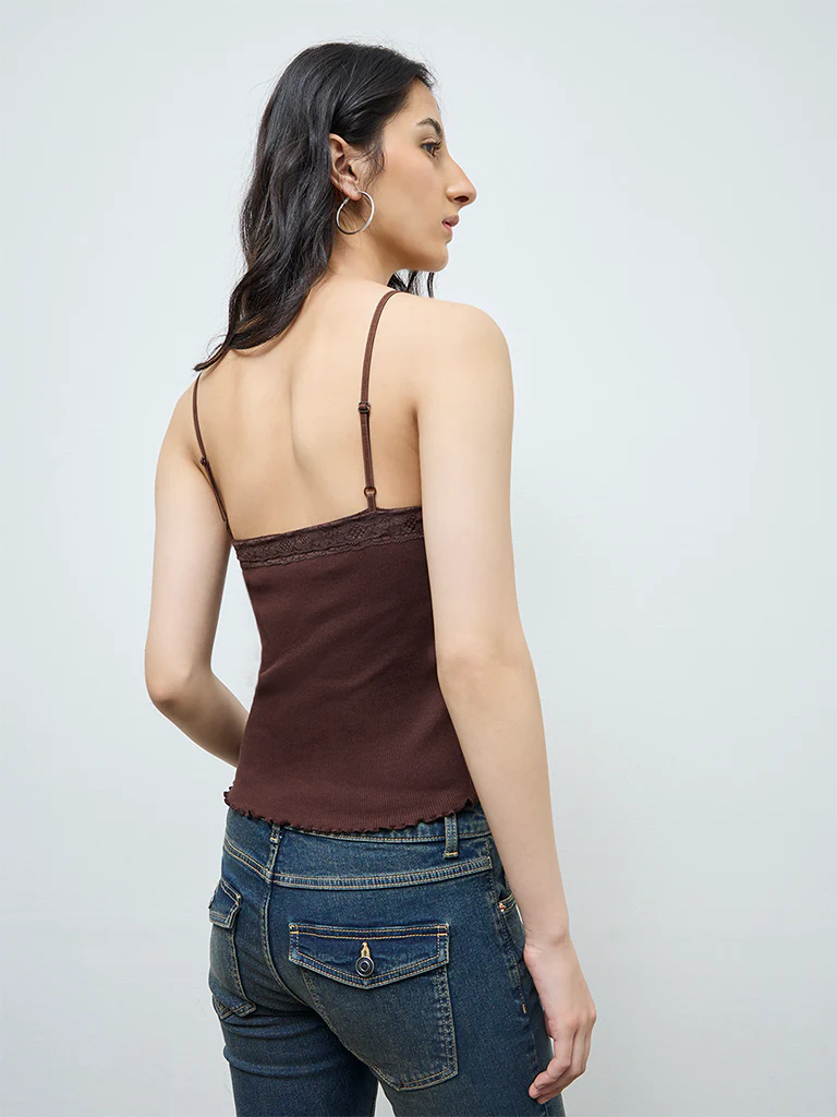 Nuon Dark Brown Lace Cotton-Blend Top - Image 4
