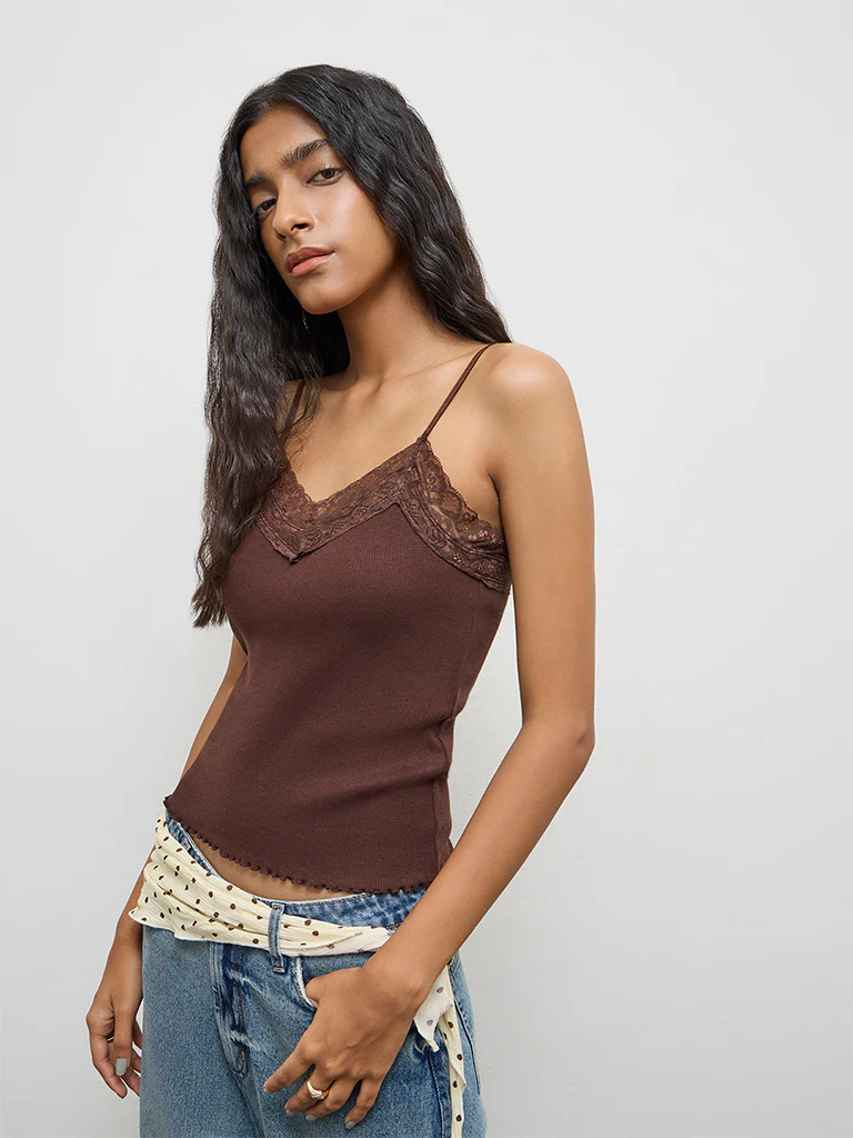Nuon Dark Brown Lace-Detailed Cotton-Blend Top - Image 2