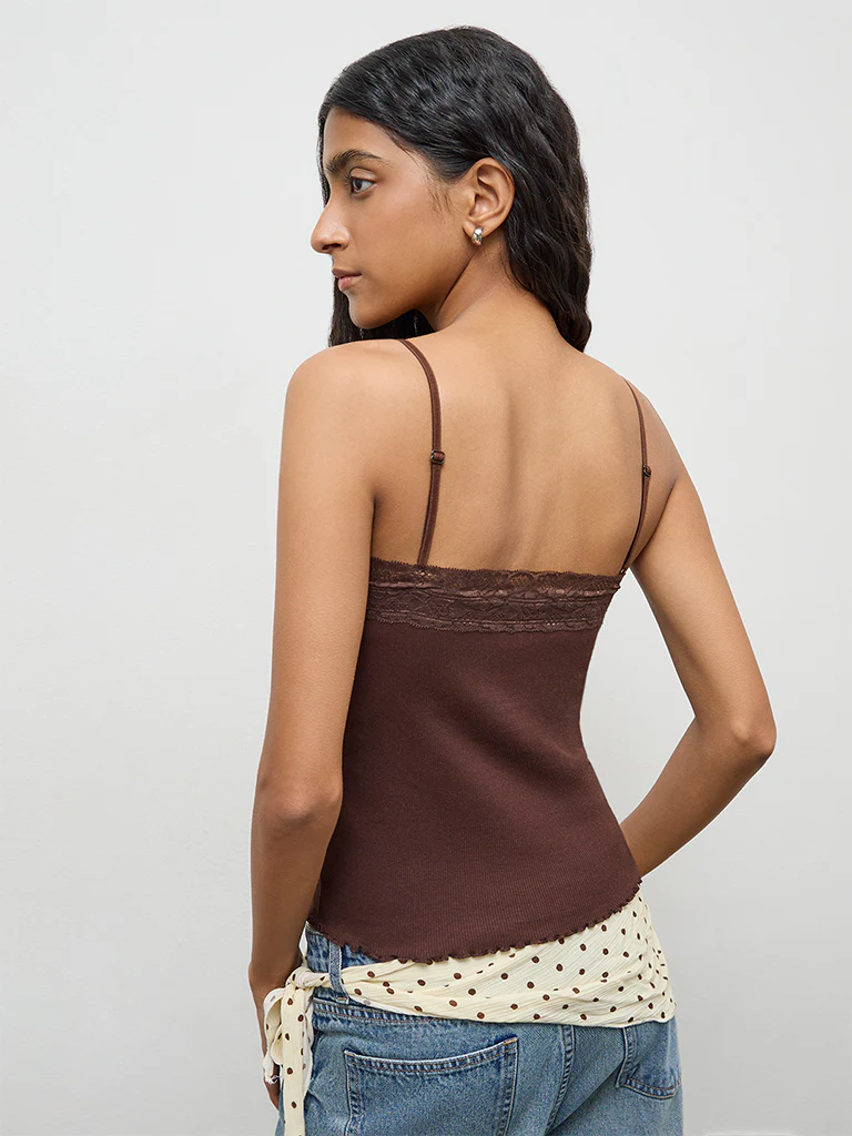 Nuon Dark Brown Lace-Detailed Cotton-Blend Top - Image 4