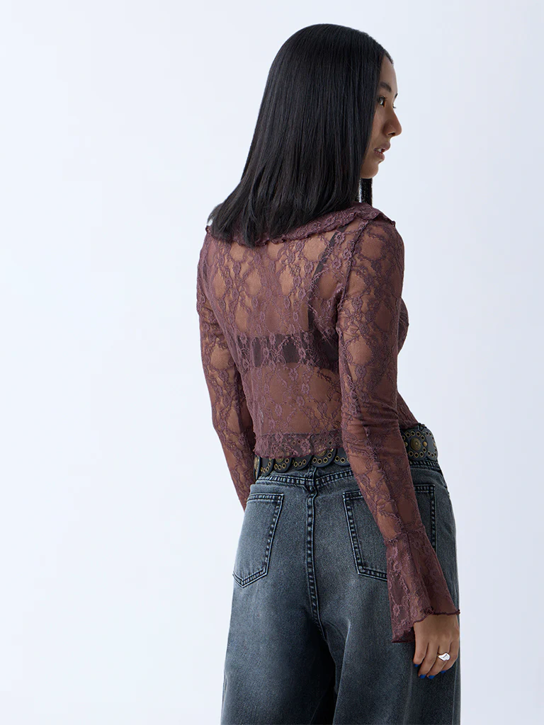 Nuon Dark Brown Lace Detailed Ruffled Top - Image 4