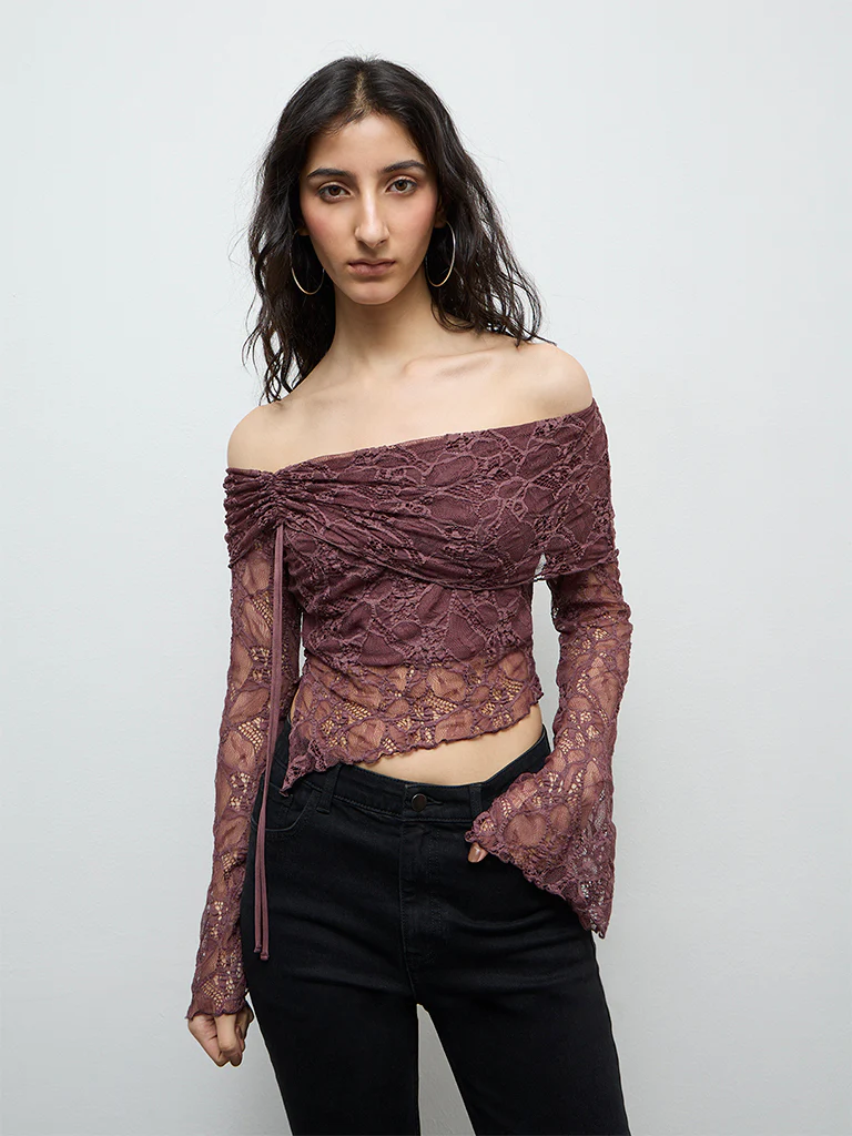 Nuon Dark Brown Laced Off-Shoulder Top
