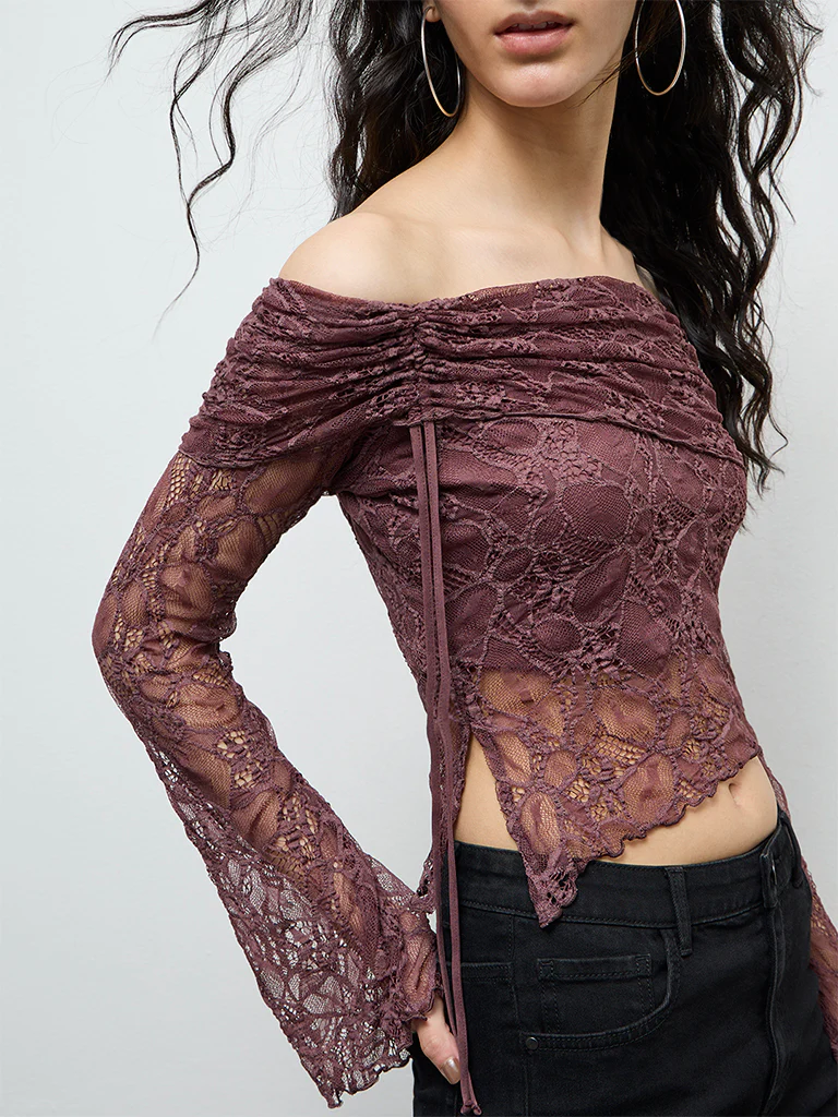 Nuon Dark Brown Laced Off-Shoulder Top - Image 3