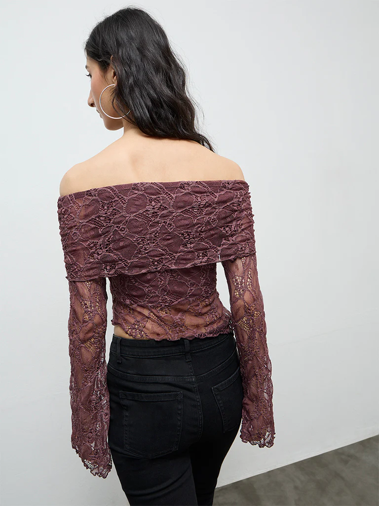 Nuon Dark Brown Laced Off-Shoulder Top - Image 4