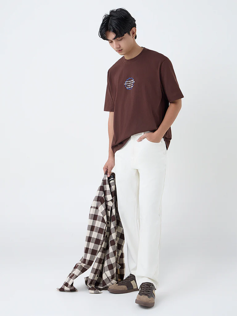 Nuon Dark Brown Printed Relaxed-Fit Cotton T-Shirt - Image 2