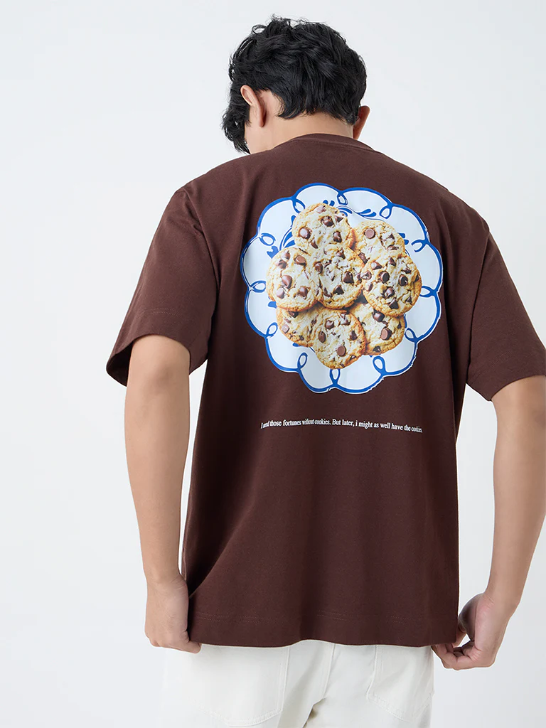Nuon Dark Brown Printed Relaxed-Fit Cotton T-Shirt - Image 4