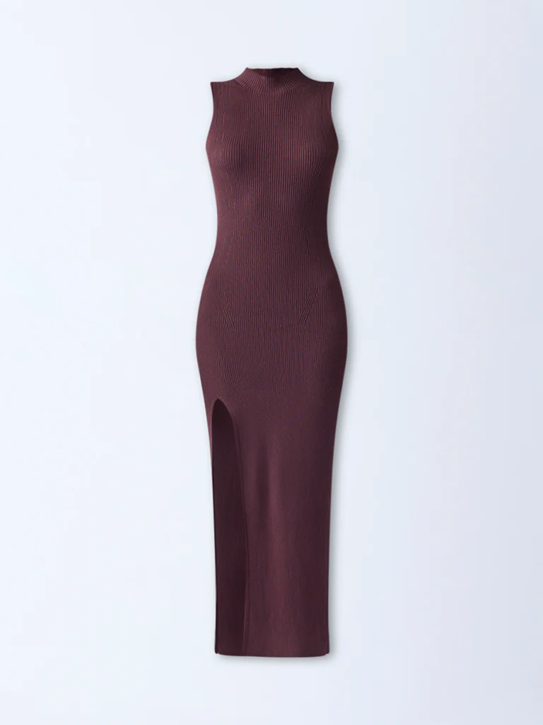 Nuon Dark Brown Ribbed Bodycon Dress - Image 5