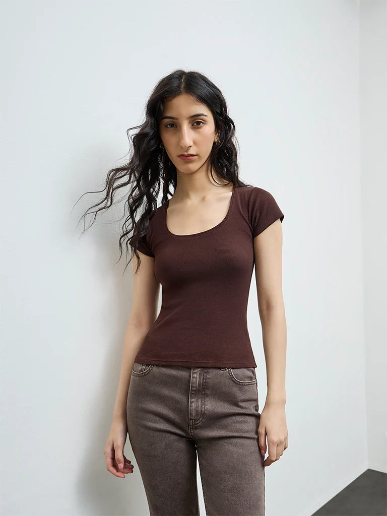Nuon Dark Brown Ribbed Cotton-Blend T-Shirt