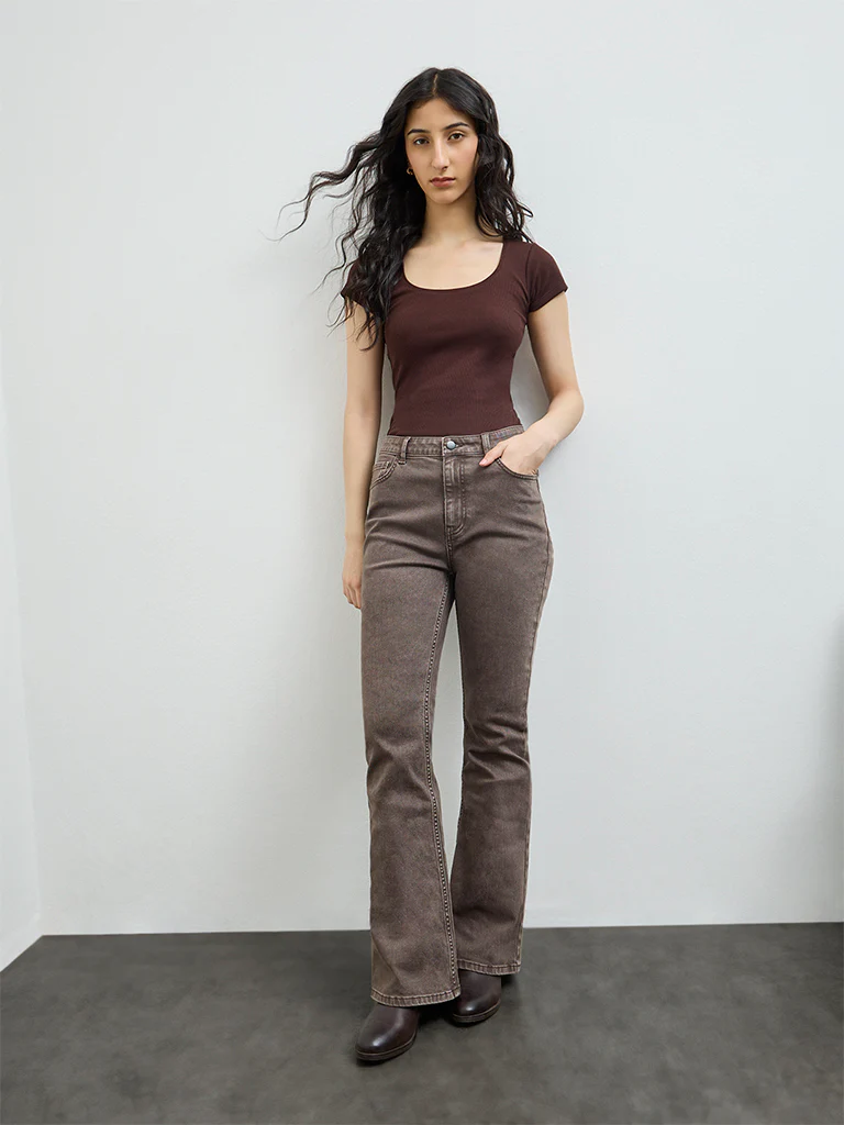 Nuon Dark Brown Ribbed Cotton-Blend T-Shirt - Image 2