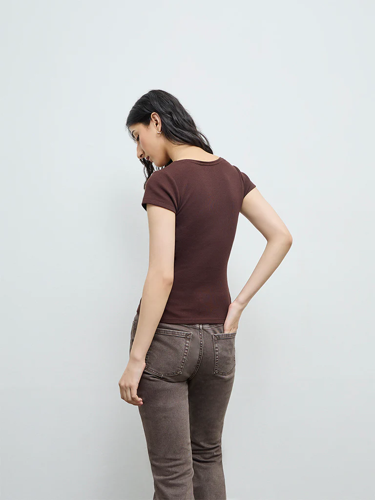 Nuon Dark Brown Ribbed Cotton-Blend T-Shirt - Image 4