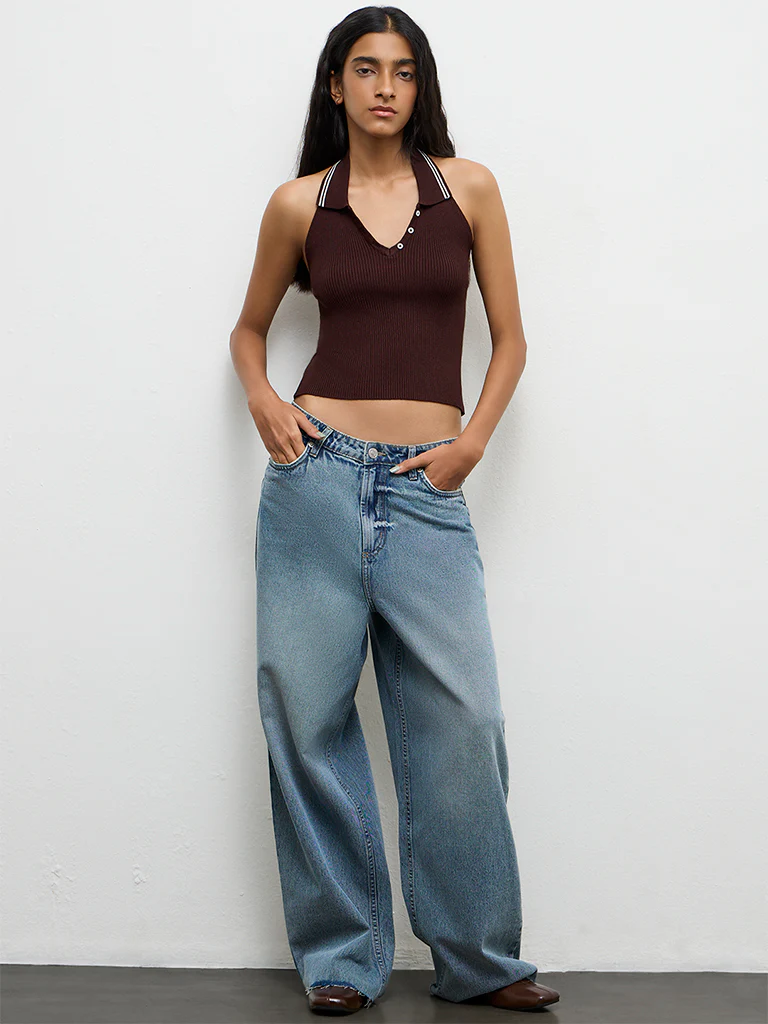 Nuon Dark Brown Ribbed Halter-Neck Top