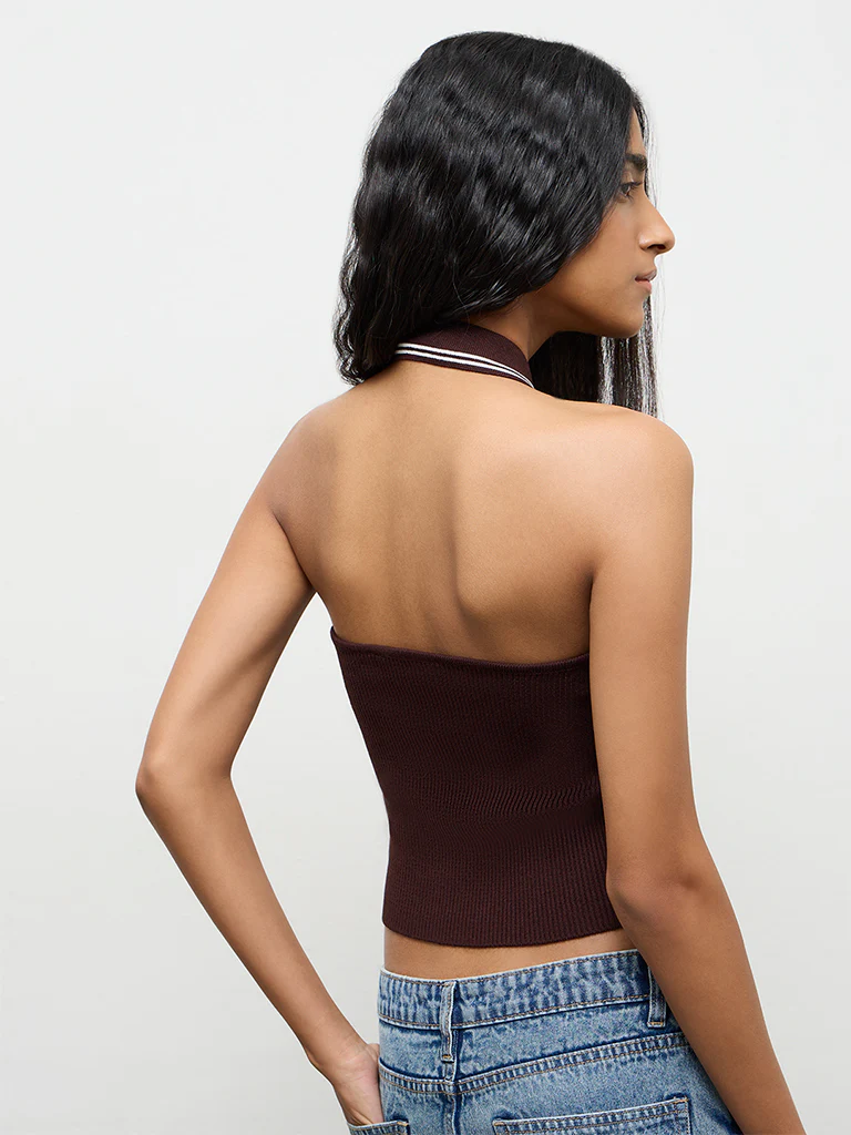 Nuon Dark Brown Ribbed Halter-Neck Top - Image 4