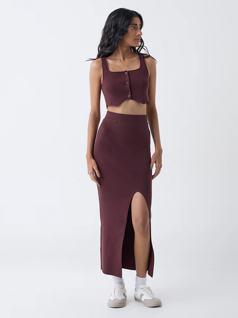 Nuon Dark Brown Ribbed High-Rise Skirt