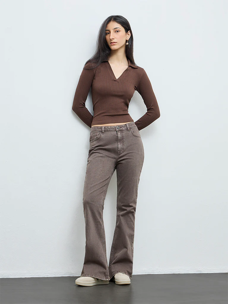 Nuon Dark Brown Ribbed-Textured T-Shirt
