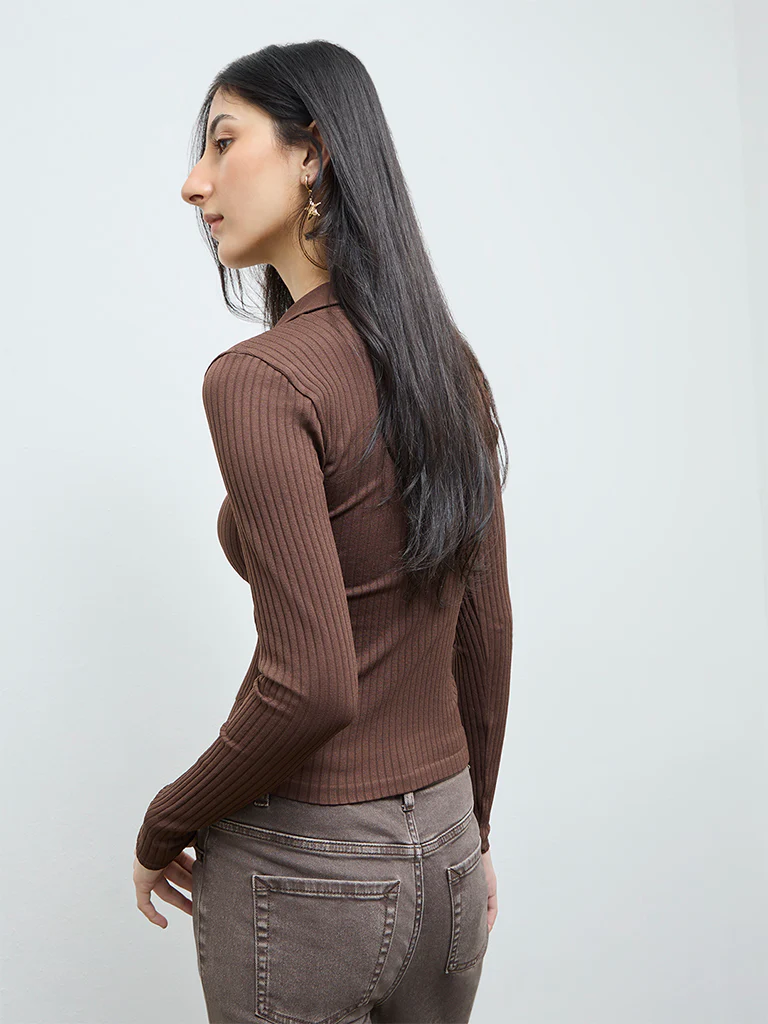 Nuon Dark Brown Ribbed-Textured T-Shirt - Image 4