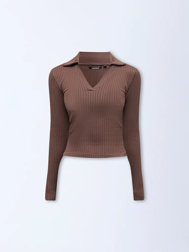 Nuon Dark Brown Ribbed-Textured T-Shirt - Image 5