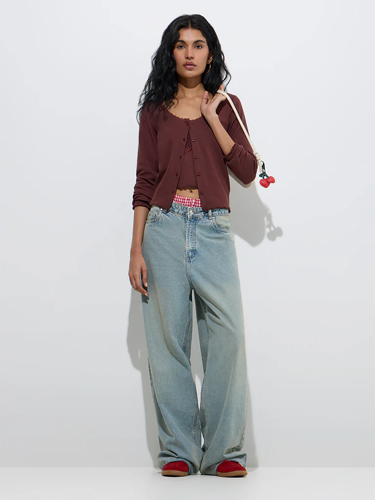Nuon Dark Brown Solid Cotton-Blend Top with Inner Set - Image 2