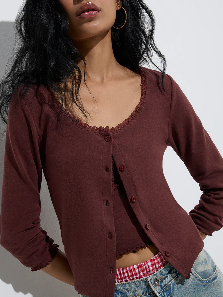 Nuon Dark Brown Solid Cotton-Blend Top with Inner Set - Image 3
