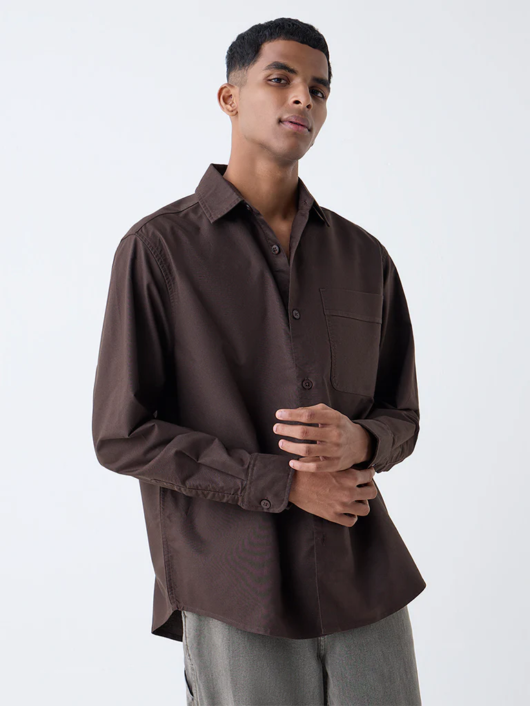 Nuon Dark Brown Solid Relaxed Fit Cotton Shirt - Image 2