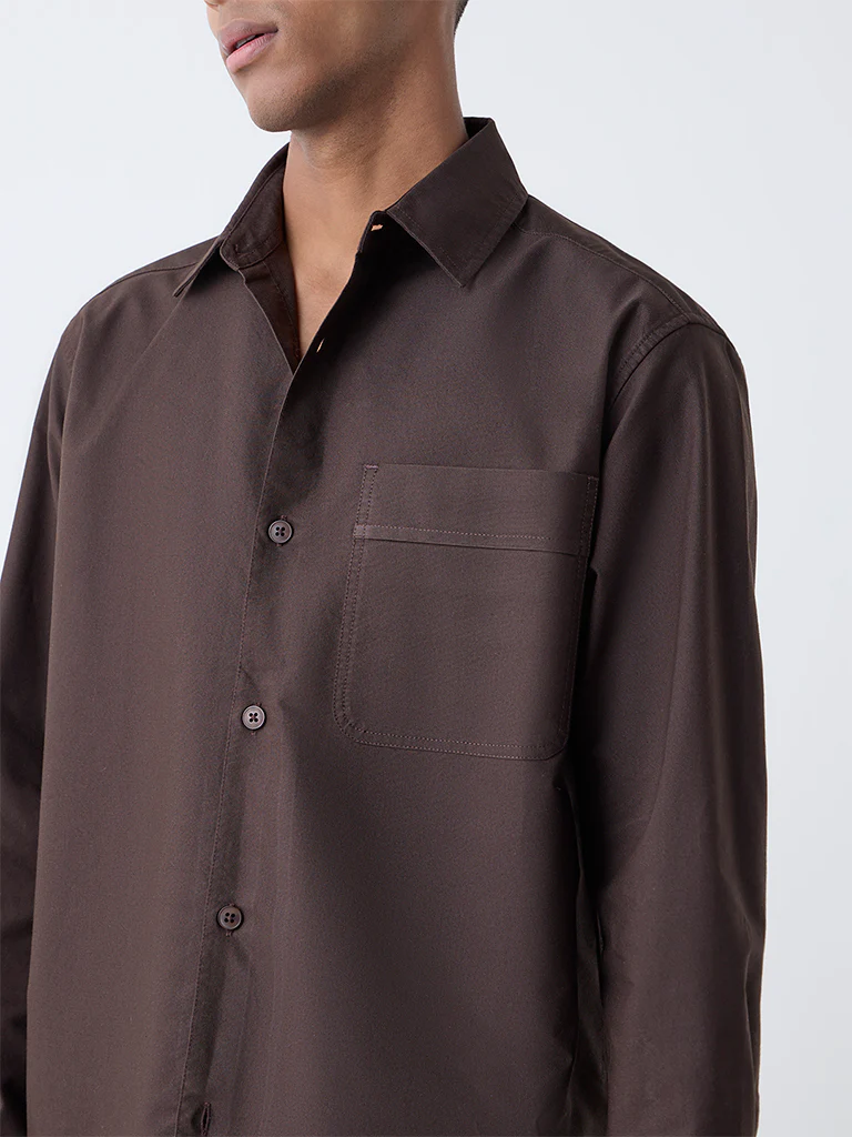 Nuon Dark Brown Solid Relaxed Fit Cotton Shirt - Image 3