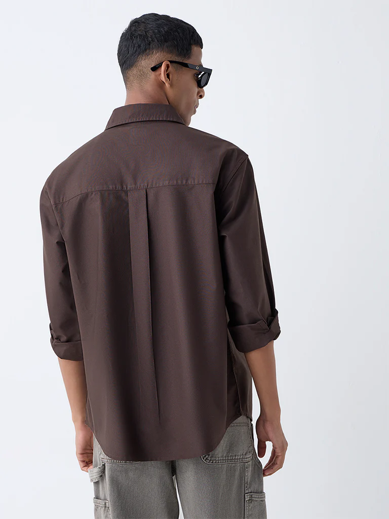 Nuon Dark Brown Solid Relaxed Fit Cotton Shirt - Image 4