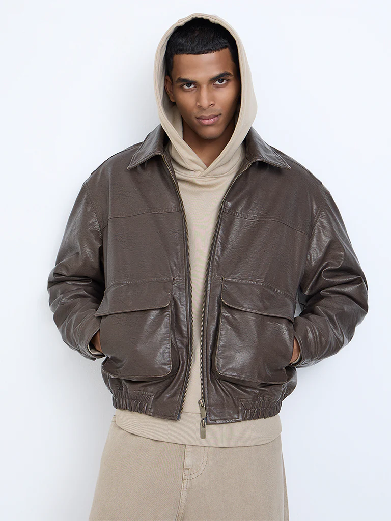 Nuon Dark Brown Solid Relaxed-Fit Jacket