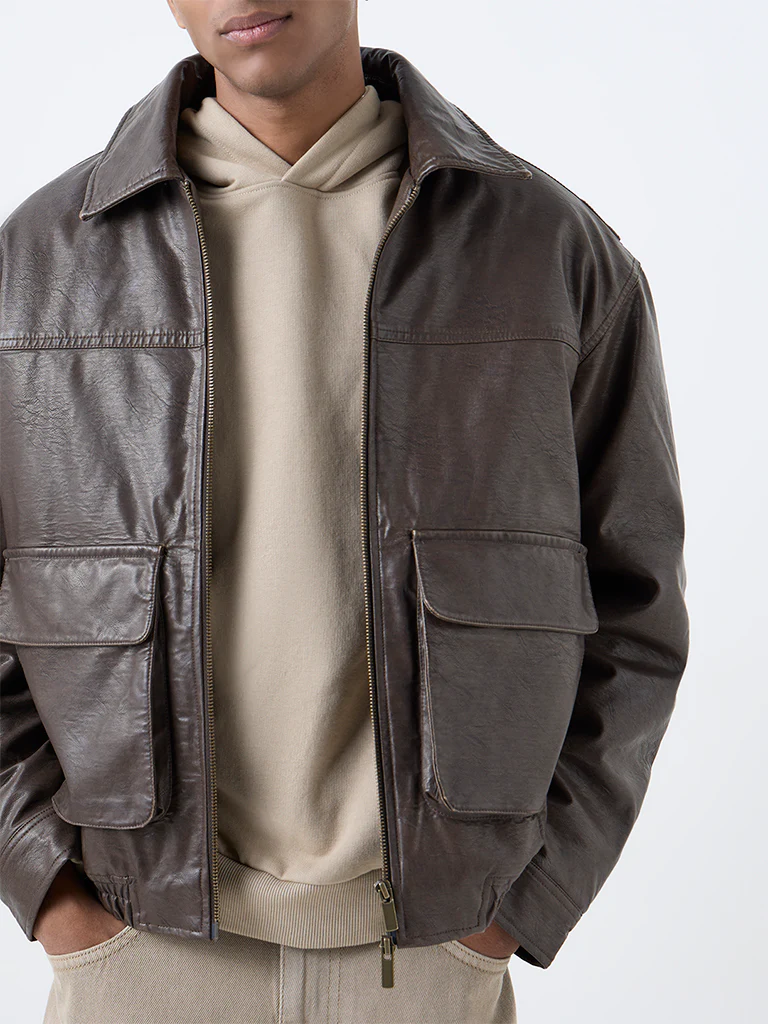 Nuon Dark Brown Solid Relaxed-Fit Jacket - Image 3