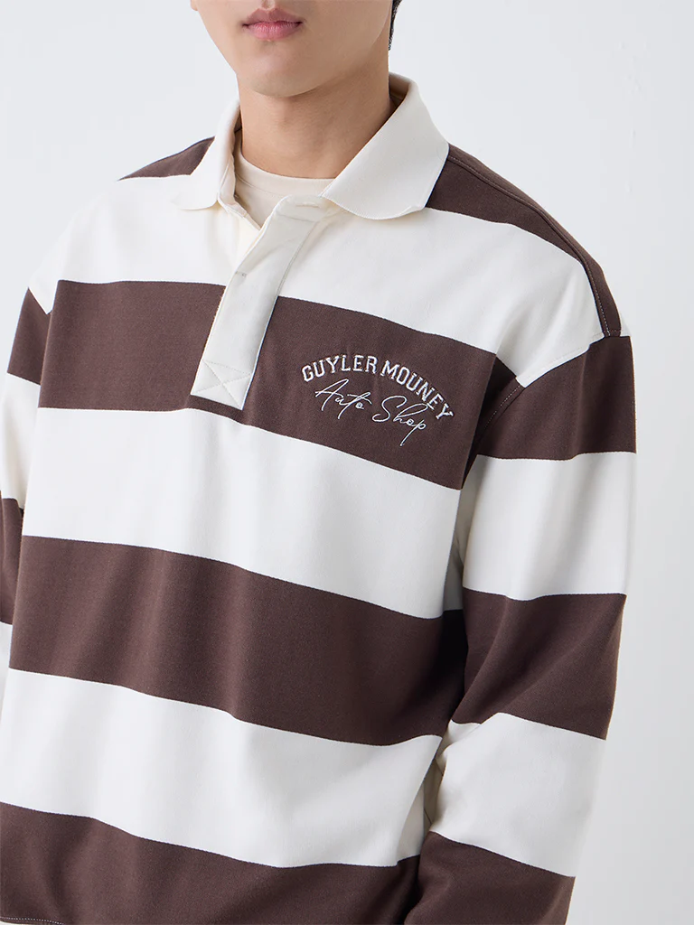 Nuon Dark Brown Striped Relaxed-Fit Polo Sweatshirt - Image 3