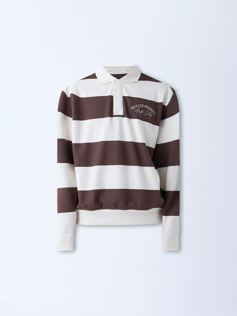 Nuon Dark Brown Striped Relaxed-Fit Polo Sweatshirt - Image 5