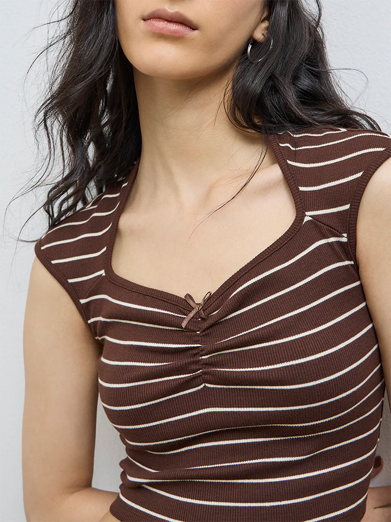 Nuon Dark Brown Striped Ribbed Cotton-Blend Top - Image 3