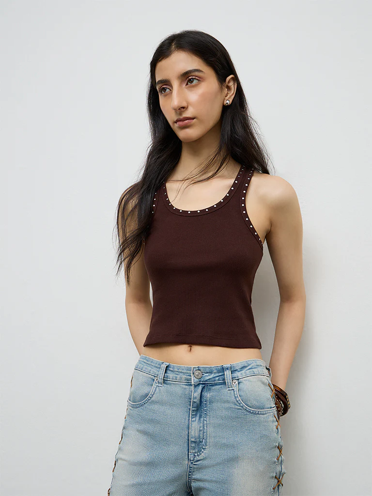Nuon Dark Brown Stud-Detailed Cotton-Blend Tank Top