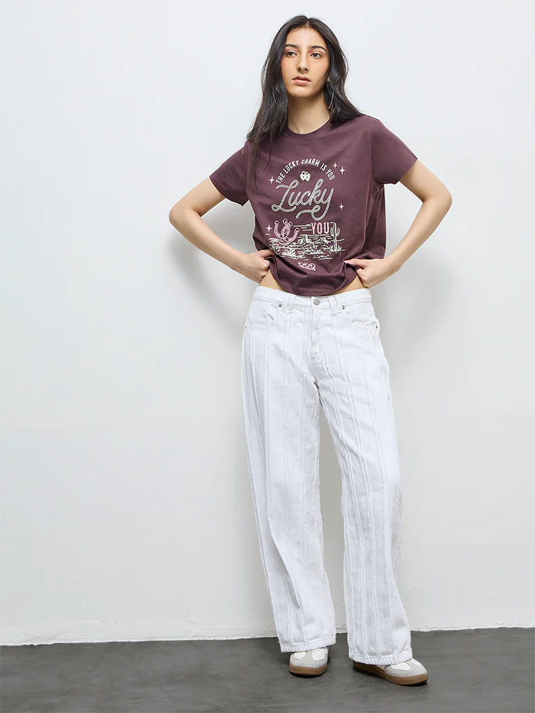 Nuon Dark Brown Text Cotton T-Shirt - Image 2