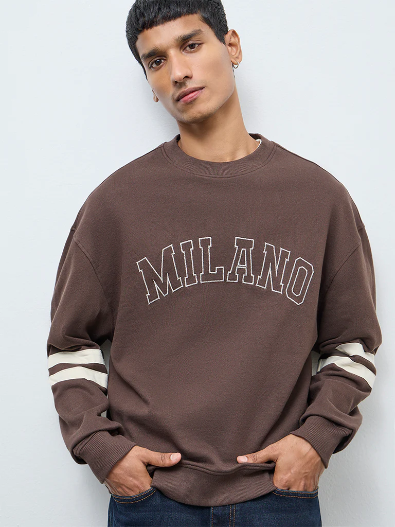 Nuon Dark Brown Text Design Cotton Sweatshirt
